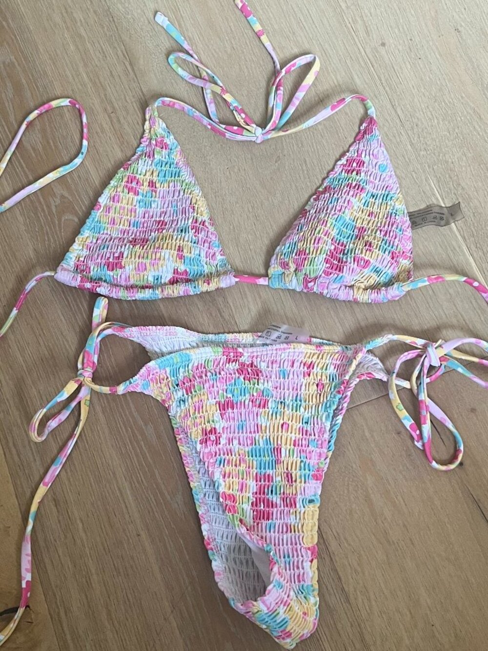 SHEIN pink multicolor floral smocked string bikini Size Large